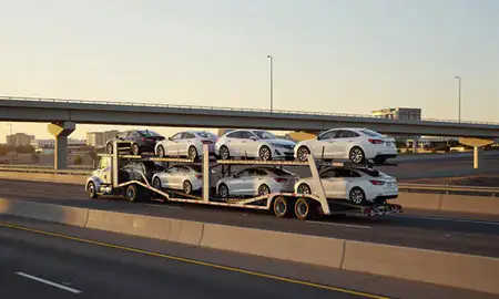 Car transporter with the Summerlin South, Nevada, United States skyline behind it