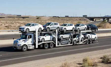 Multi-level car carrier on the highway to Sun Valley, Nevada, United States