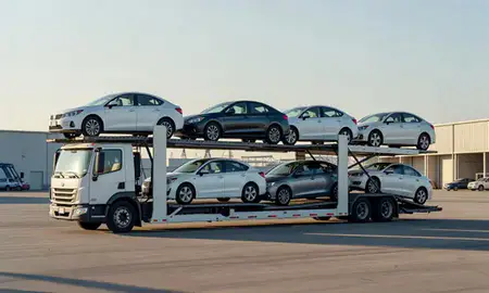 Car transporter loaded with vehicles in Sun Valley, Nevada, United States