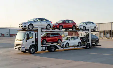 Car transporter loaded with vehicles in Sunrise Manor, Nevada, United States
