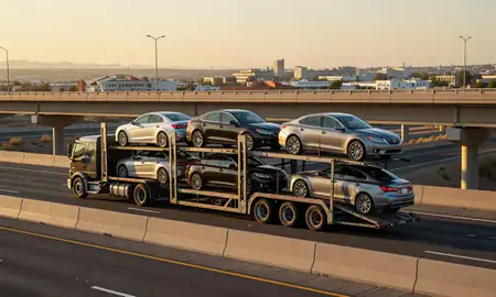 Car transporter with the Sunrise Manor, Nevada, United States skyline behind it