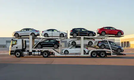 Car transporter parked in an industrial area of Whitney, Nevada, United States