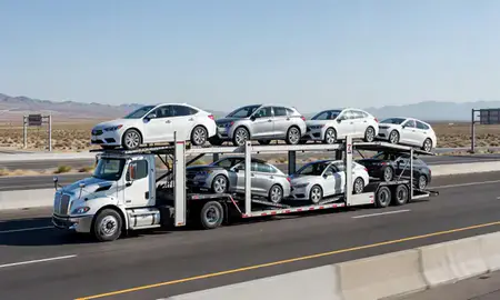 Multi-level car carrier on the highway to Winchester, Nevada, United States
