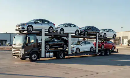 Car transporter loaded with vehicles in Winchester, Nevada, United States