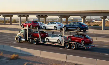 Car transporter with the Winchester, Nevada, United States skyline behind it