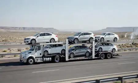 Multi-level car carrier on the highway to Winnemucca, Nevada, United States