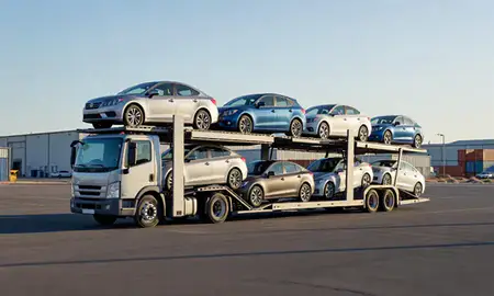 Car transporter loaded with vehicles in Winnemucca, Nevada, United States