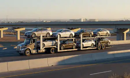 Car transporter with the Winnemucca, Nevada, United States skyline behind it