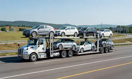 Multi-level car carrier on the highway to New Hampshire, United States