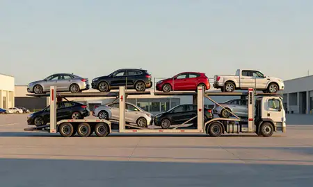 Car transporter parked in an industrial area of New Hampshire, United States