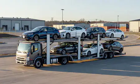Car transporter loaded with vehicles in New Hampshire, United States