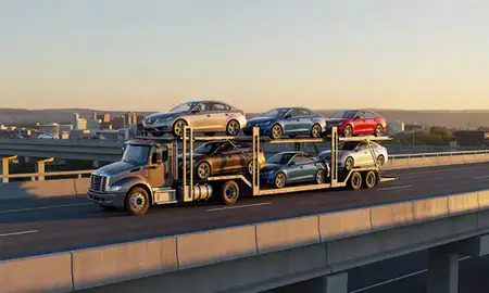 Car transporter with the New Hampshire, United States skyline behind it