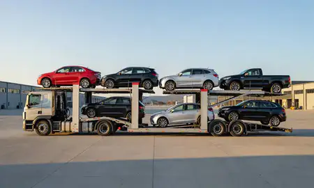 Car transporter parked in an industrial area of Berlin, New Hampshire, United States