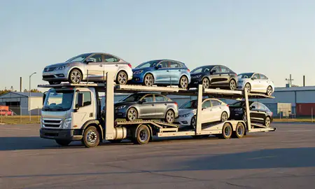 Car transporter loaded with vehicles in Berlin, New Hampshire, United States