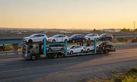 Car transporter with the Berlin, New Hampshire, United States skyline behind it