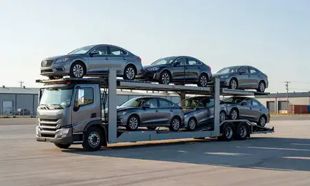 Car transporter loaded with vehicles in Center Ossipee, New Hampshire, United States