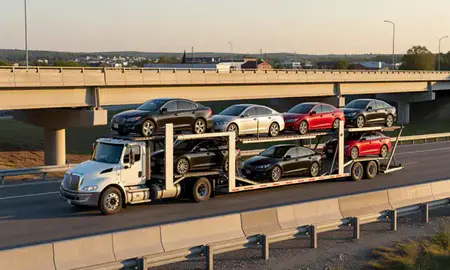 Car transporter with the Center Ossipee, New Hampshire, United States skyline behind it