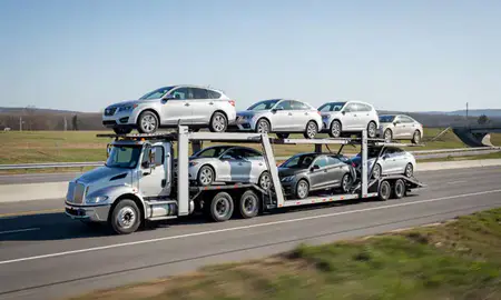 Multi-level car carrier on the highway to Claremont, New Hampshire, United States