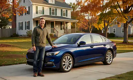 Customer with their delivered car in Claremont, New Hampshire, United States