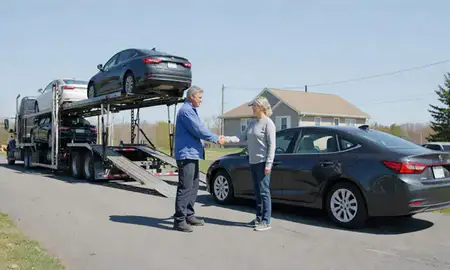 Vehicle owner beside their delivered car in Claremont, New Hampshire, United States