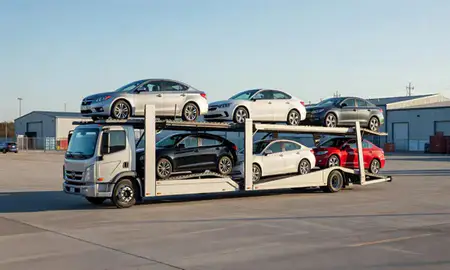 Car transporter loaded with vehicles in Claremont, New Hampshire, United States