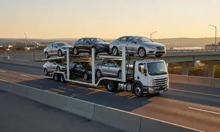 Car transporter with the Claremont, New Hampshire, United States skyline behind it