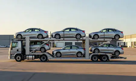 Car transporter parked in an industrial area of Concord, New Hampshire, United States
