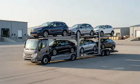 Car transporter loaded with vehicles in Concord, New Hampshire, United States