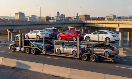 Car transporter with the Concord, New Hampshire, United States skyline behind it