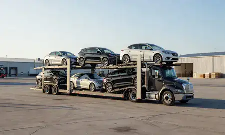 Car transporter loaded with vehicles in Contoocook, New Hampshire, United States