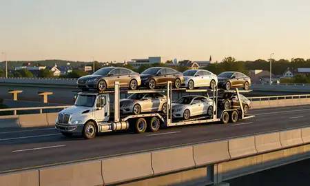 Car transporter with the Contoocook, New Hampshire, United States skyline behind it