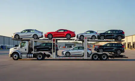 Car transporter parked in an industrial area of Dover, New Hampshire, United States