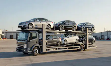 Car transporter loaded with vehicles in Dover, New Hampshire, United States