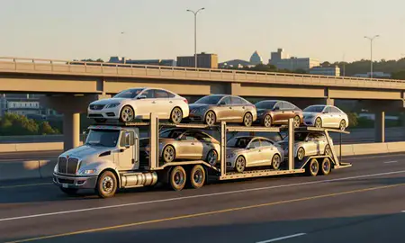 Car transporter with the Dover, New Hampshire, United States skyline behind it