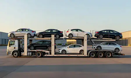 Car transporter parked in an industrial area of East Merrimack, New Hampshire, United States