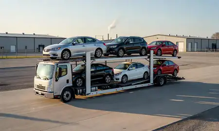 Car transporter loaded with vehicles in East Merrimack, New Hampshire, United States