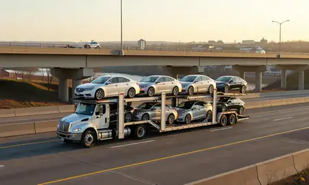 Car transporter with the East Merrimack, New Hampshire, United States skyline behind it