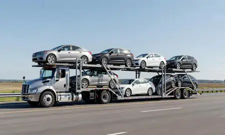 Multi-level car carrier on the highway to Franklin, New Hampshire, United States