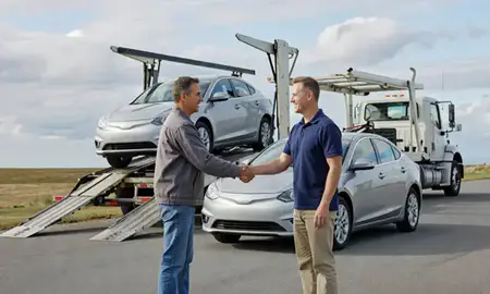 Vehicle owner beside their delivered car in Franklin, New Hampshire, United States