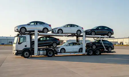 Car transporter loaded with vehicles in Franklin, New Hampshire, United States