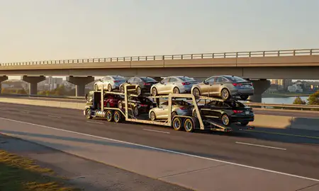 Car transporter with the Franklin, New Hampshire, United States skyline behind it