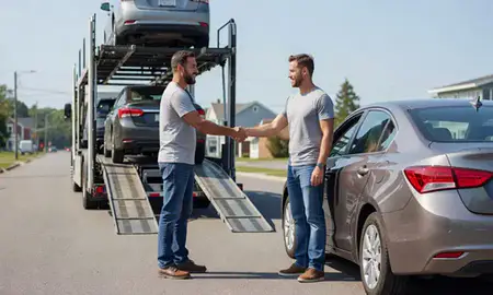 Vehicle owner beside their delivered car in Groveton, New Hampshire, United States