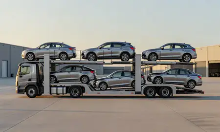 Car transporter parked in an industrial area of Groveton, New Hampshire, United States