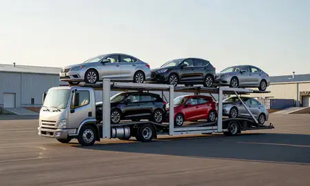 Car transporter loaded with vehicles in Groveton, New Hampshire, United States