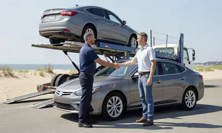 Vehicle owner beside their delivered car in Hampton Beach, New Hampshire, United States