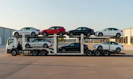 Car transporter parked in an industrial area of Hampton Beach, New Hampshire, United States