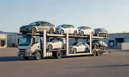 Car transporter loaded with vehicles in Hampton Beach, New Hampshire, United States