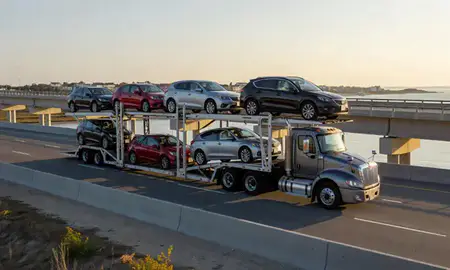 Car transporter with the Hampton Beach, New Hampshire, United States skyline behind it