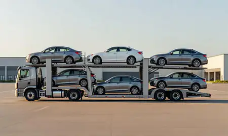 Car transporter parked in an industrial area of Keene, New Hampshire, United States
