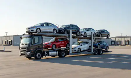 Car transporter loaded with vehicles in Keene, New Hampshire, United States